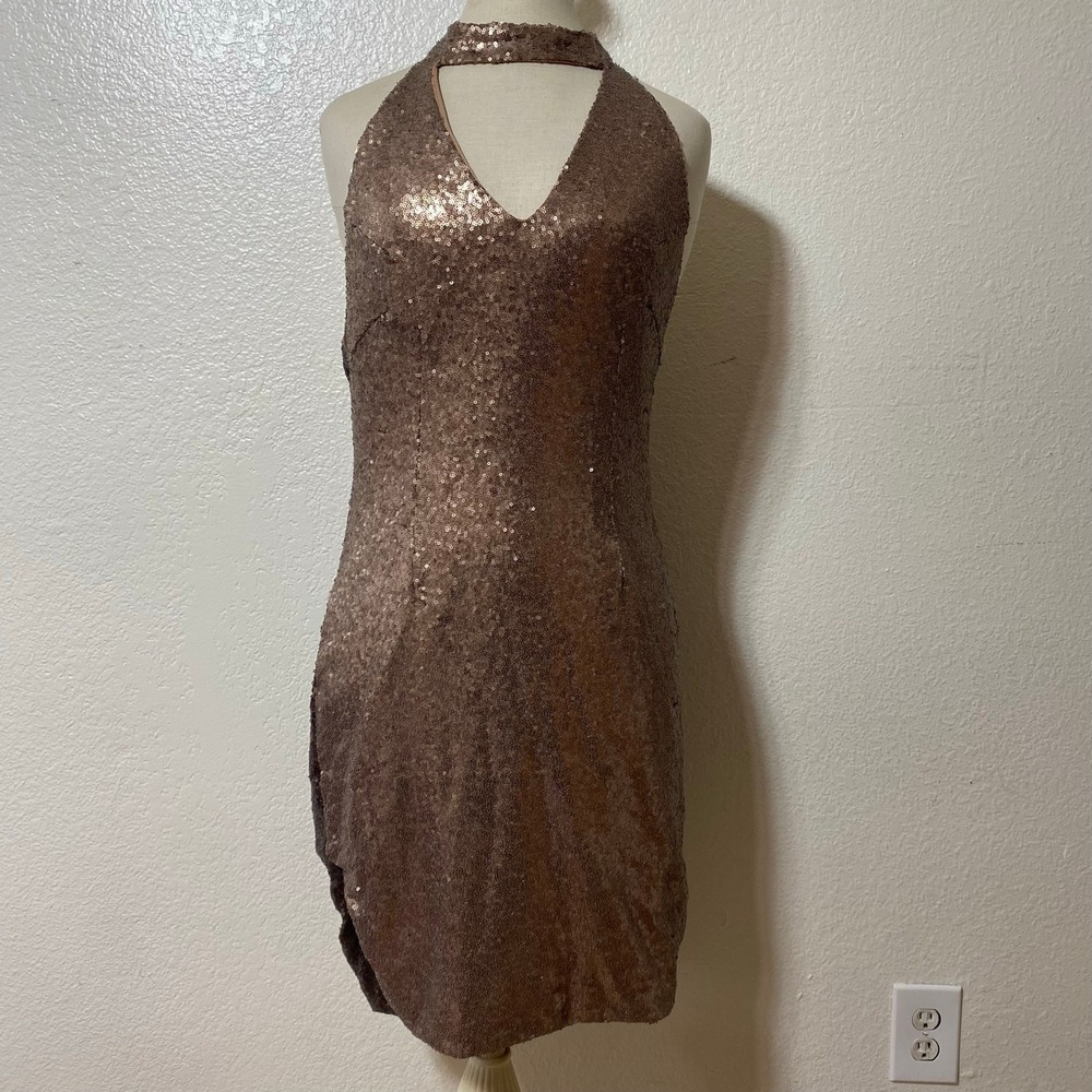 Morrisday The Label Brown Sequined Halter Mini Cocktail Dress Open Back Size L